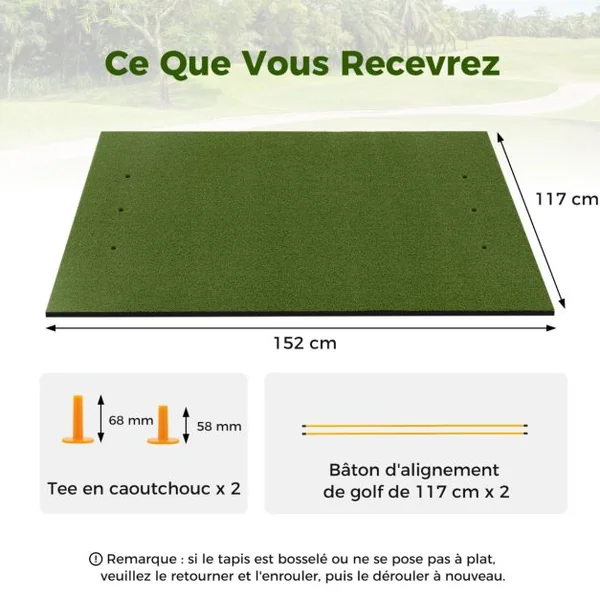 Tapis de Frappe de Golf 152 x 117 cm Épaisseur 19mm Tapis d'Entraînement de Golf avec 2 Positions de Tee et 2 Bâtons d'Alignement 6 Trous de Tee Pré-percés