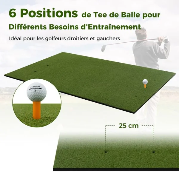 Tapis de Frappe de Golf 152 x 117 cm Épaisseur 19mm Tapis d'Entraînement de Golf avec 2 Positions de Tee et 2 Bâtons d'Alignement 6 Trous de Tee Pré-percés