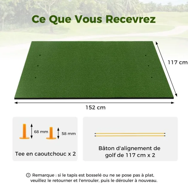 Tapis de Frappe de Golf 152 x 117 cm Épaisseur 22mm Tapis d'Entraînement de Golf avec 2 Positions de Tee et 2 Bâtons d'Alignement 6 Trous de Tee Pré-percés