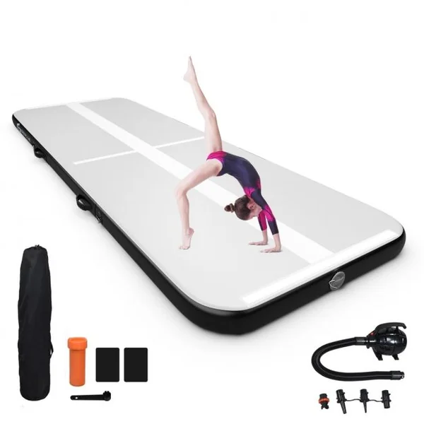 Tapis de Gymnastique Gonflable 450 x 100 x 15 cm avec Pompe de Gonflage Electrique 220-240V 500W Noir