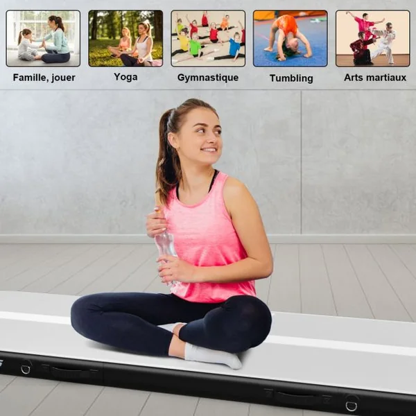 Tapis de Gymnastique Gonflable 450 x 100 x 15 cm avec Pompe de Gonflage Electrique 220-240V 500W Noir