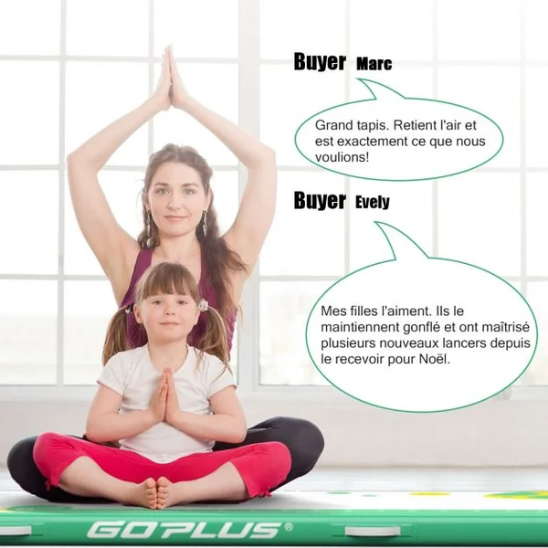 Tapis de Gymnastique Gonflable avec Pompe Électrique Antidérapant Kit de Réparation Capacité 120kg 300x100x10cm Vert