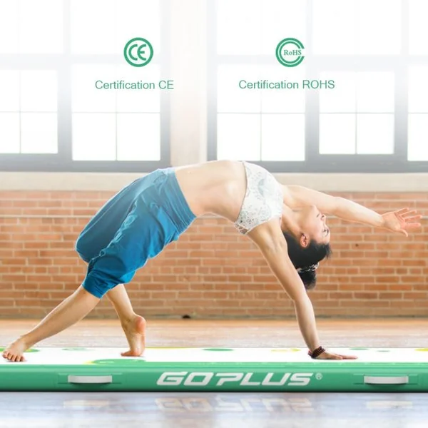 Tapis de Gymnastique Gonflable avec Pompe Électrique Antidérapant Kit de Réparation Capacité 120kg 300x100x10cm Vert