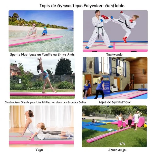 Tapis de gymnastique gonflable Tapis de yoga gonflable avec Pompe à air anneau et poignée 305x100x10cm Bleu