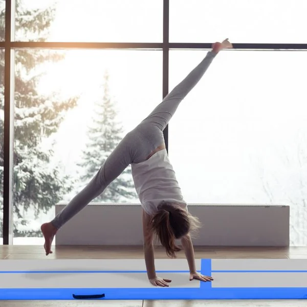 Tapis de gymnastique gonflable Tapis de yoga gonflable avec Pompe à air anneau et poignée 305x100x10cm Bleu