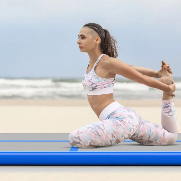 Tapis de Gymnastique Gonflable Tapis de Yoga Gonflable avec Pompe à Air Anneau et Poignée 400x100x10cm Bleu