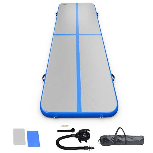 Tapis de Gymnastique Gonflable Tapis de Yoga Gonflable avec Pompe à Air Anneau et Poignée 400x100x10cm Bleu