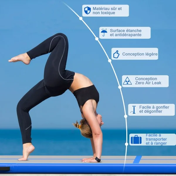 Tapis de Gymnastique Gonflable Tapis de Yoga Gonflable avec Pompe à Air Anneau et Poignée 400x100x10cm Bleu