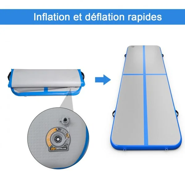 Tapis de Gymnastique Gonflable Tapis de Yoga Gonflable avec Pompe à Air Anneau et Poignée 400x100x10cm Bleu