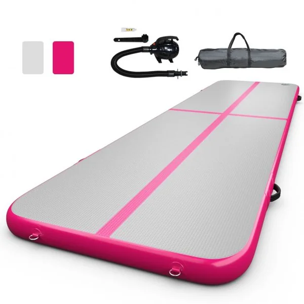 Tapis de Gymnastique Gonflable Tapis de Yoga Gonflable avec Pompe à Air Anneau et Poignée 400x100x10cm Rose