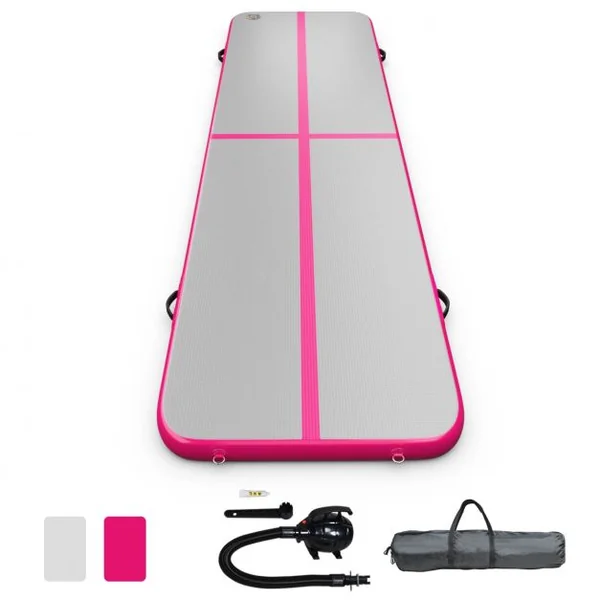 Tapis de Gymnastique Gonflable Tapis de Yoga Gonflable avec Pompe à Air Anneau et Poignée 400x100x10cm Rose
