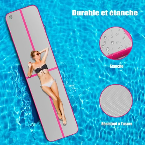 Tapis de Gymnastique Gonflable Tapis de Yoga Gonflable avec Pompe à Air Anneau et Poignée 400x100x10cm Rose