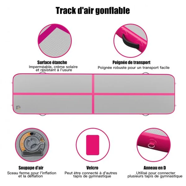 Tapis de Gymnastique Gonflable Tapis de Yoga Gonflable avec Pompe à Air Anneau et Poignée 400x100x10cm Rose