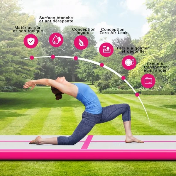 Tapis de Gymnastique Gonflable Tapis de Yoga Gonflable avec Pompe à Air Anneau et Poignée 400x100x10cm Rose