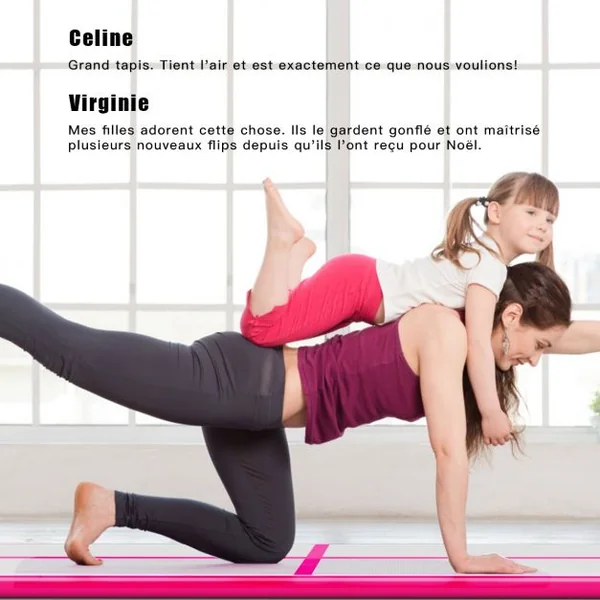 Tapis de Gymnastique Gonflable Tapis de Yoga Gonflable avec Pompe à Air Anneau et Poignée 400x100x10cm Rose