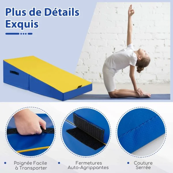 Tapis de Gymnastique Incliné 120 x 60 x 35 cm Matelas de Gym Angle Droit Pliable avec Mousse EPE et Cuir PVC Jaune
