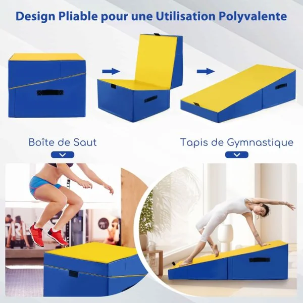 Tapis de Gymnastique Incliné 120 x 60 x 35 cm Matelas de Gym Angle Droit Pliable avec Mousse EPE et Cuir PVC Jaune