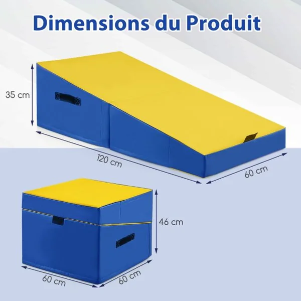 Tapis de Gymnastique Incliné 120 x 60 x 35 cm Matelas de Gym Angle Droit Pliable avec Mousse EPE et Cuir PVC Jaune