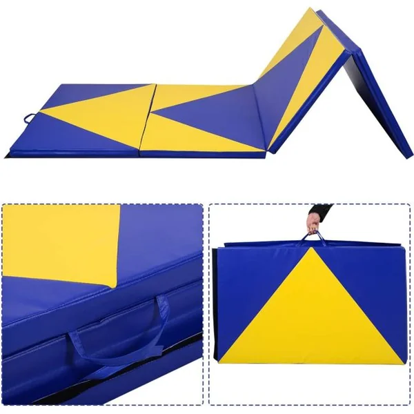 Tapis de Gymnastique Pliable 4 Plis Matelas de Fitness Portable pour Fitness Yoga et Sport 300 x 120 x 5 cm Bleu+Jaune