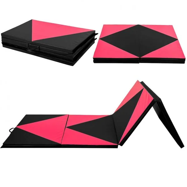 Tapis de Gymnastique Pliable Matelas de Fitness Portable en Coton Perlé Epe et Cuir Pu 240x12 X5cm Rose et Noir