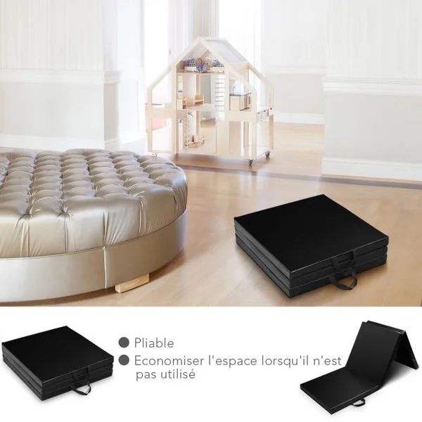 Tapis de Gymnastique Pliable Matelas de Fitness Portable Natte de Gym pour Yoga, en coton et cuir PU, 180x60x5 cm, Noir