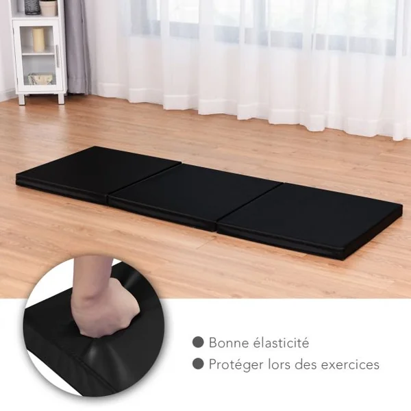 Tapis de Gymnastique Pliable Matelas de Fitness Portable Natte de Gym pour Yoga, en coton et cuir PU, 180x60x5 cm, Noir