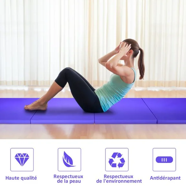Tapis de Gymnastique Épais 300 x 116 x 5 cm Matelas d'Entrainement Pliable en Mousse et PU Détachable avec 2 Poignées Fermetures à Crochet Violet