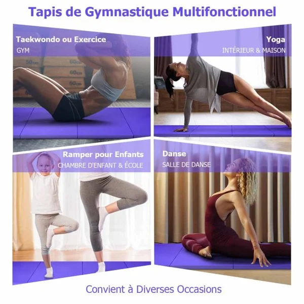 Tapis de Gymnastique Épais 300 x 116 x 5 cm Matelas d'Entrainement Pliable en Mousse et PU Détachable avec 2 Poignées Fermetures à Crochet Violet