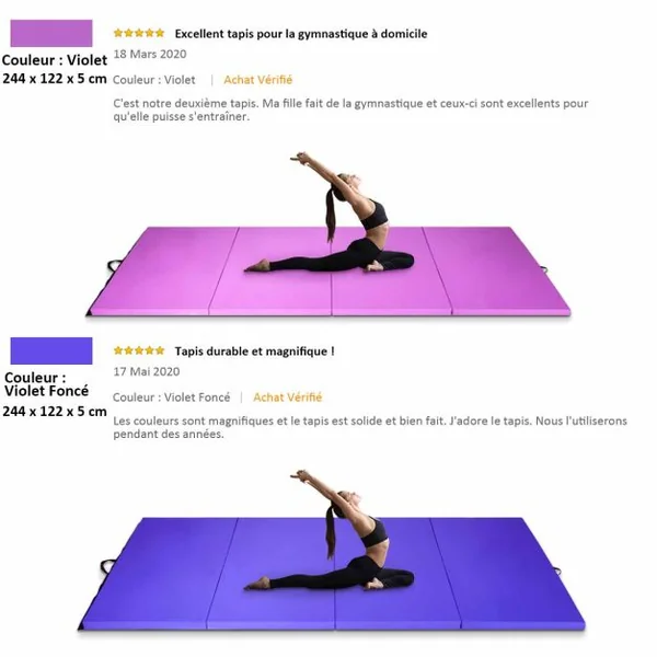 Tapis de Gymnastique Épais 300 x 116 x 5 cm Matelas d'Entrainement Pliable en Mousse et PU Détachable avec 2 Poignées Fermetures à Crochet Violet