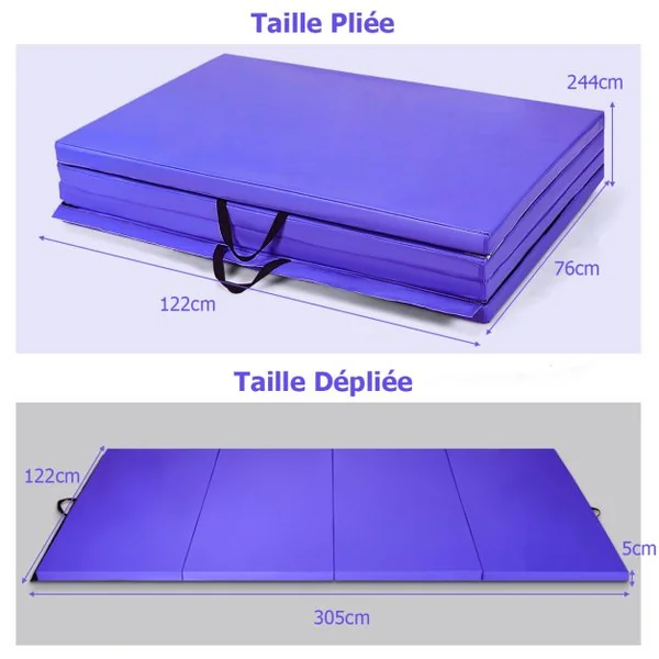 Tapis de Gymnastique Épais 300 x 116 x 5 cm Matelas d'Entrainement Pliable en Mousse et PU Détachable avec 2 Poignées Fermetures à Crochet Violet