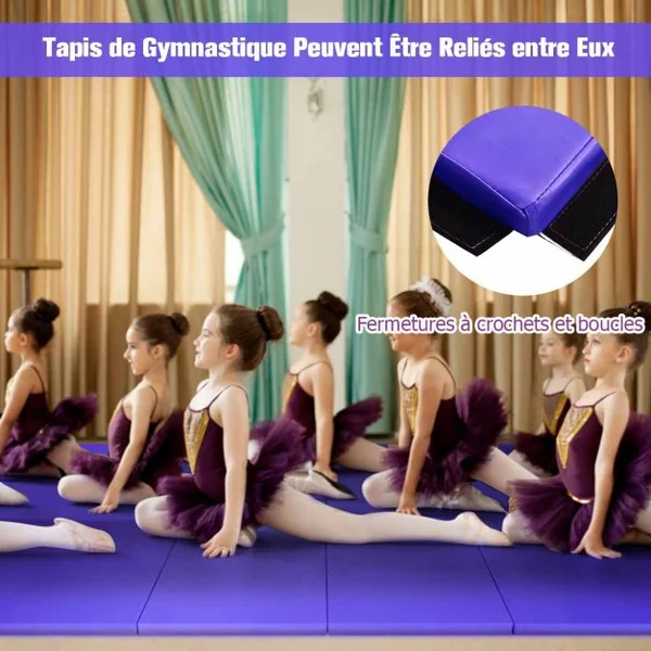 Tapis de Gymnastique Épais 300 x 116 x 5 cm Matelas d'Entrainement Pliable en Mousse et PU Détachable avec 2 Poignées Fermetures à Crochet Violet