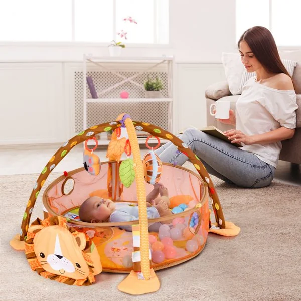 Tapis de jeu d’éveil pour bébé avec 5 jouets suspendus, 30 boules colorées 96 x 66 x 52 cm, rebord de 20 cm, motif lion