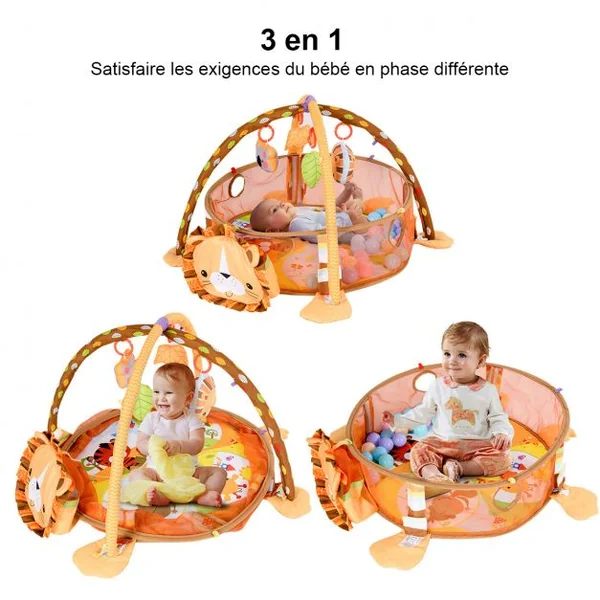 Tapis de jeu d’éveil pour bébé avec 5 jouets suspendus, 30 boules colorées 96 x 66 x 52 cm, rebord de 20 cm, motif lion