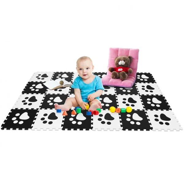 Tapis de Jeu en mousse enfant 24 pcs Tapis Puzzles en Mousse EVA 30x30x1cm Noir avec motif empreinte de chat blanche