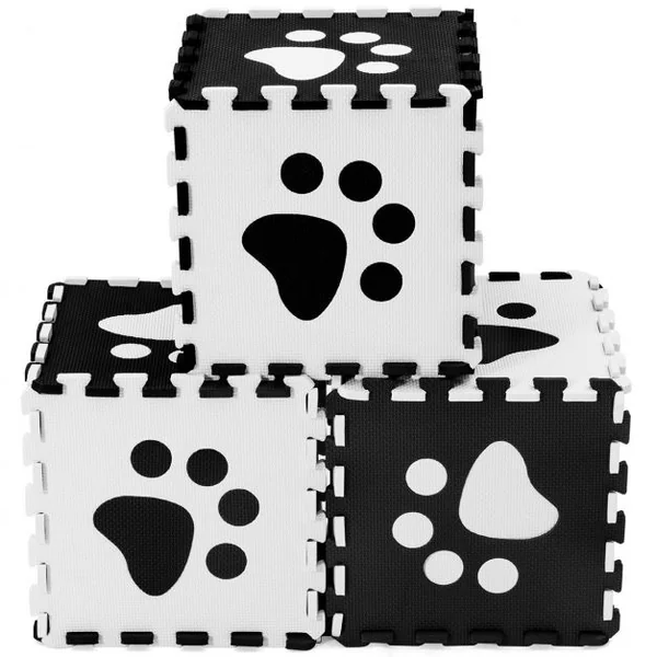 Tapis de Jeu en mousse enfant 24 pcs Tapis Puzzles en Mousse EVA 30x30x1cm Noir avec motif empreinte de chat blanche