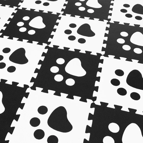 Tapis de Jeu en mousse enfant 24 pcs Tapis Puzzles en Mousse EVA 30x30x1cm Noir avec motif empreinte de chat blanche