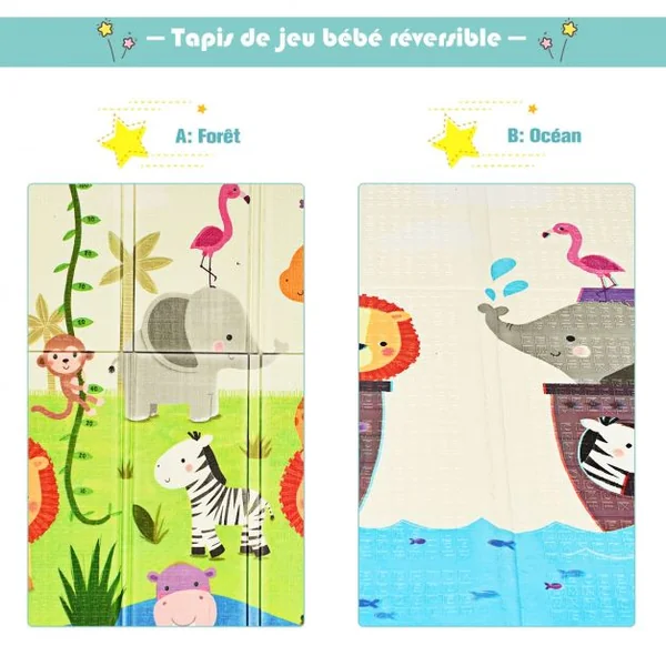 Tapis de Jeu pour Bébé Pliable 200 x 180 x 1,4CM avec l'Image Singe et Poney en Mousse XPE Non Toxique