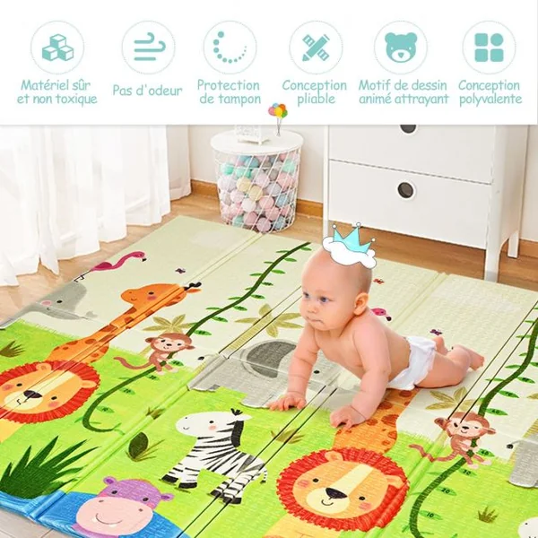 Tapis de Jeu pour Bébé Pliable 200 x 180 x 1,4CM avec l'Image Singe et Poney en Mousse XPE Non Toxique