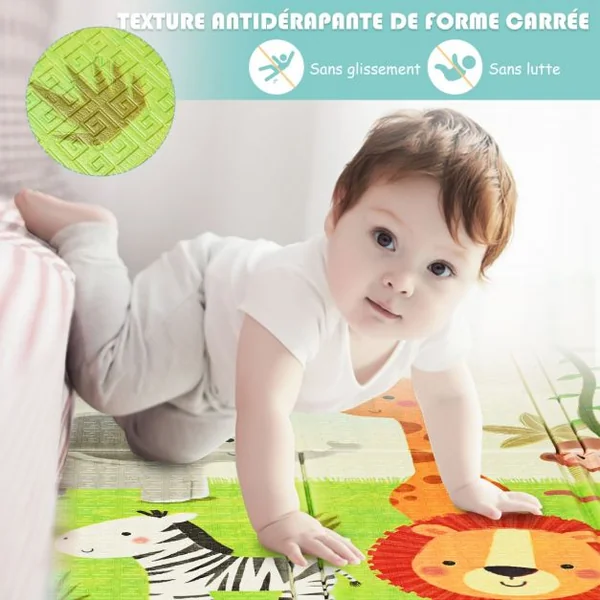 Tapis de Jeu pour Bébé Pliable 200 x 180 x 1,4CM avec l'Image Singe et Poney en Mousse XPE Non Toxique