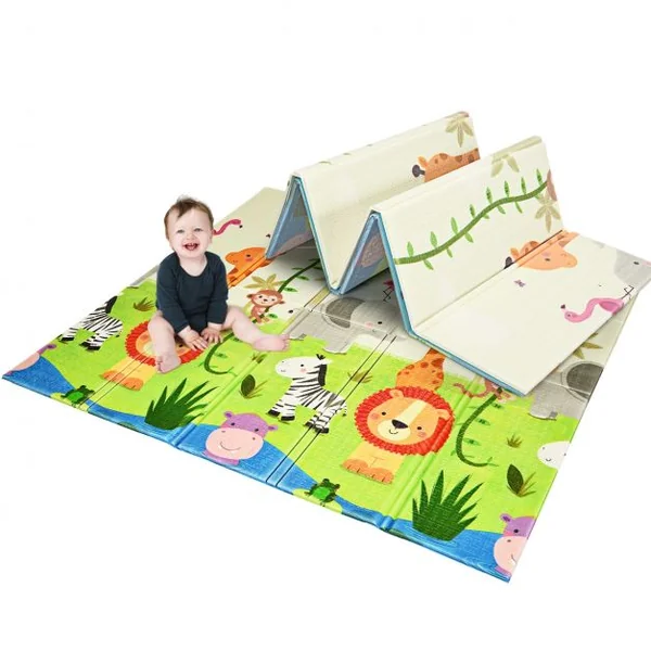 Tapis de Jeu pour Bébé Pliable 200 x 180 x 1,4CM avec l'Image Singe et Poney en Mousse XPE Non Toxique