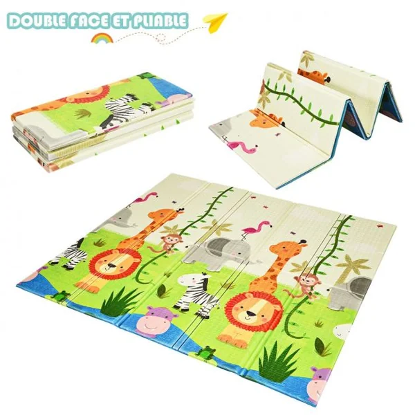 Tapis de Jeu pour Bébé Pliable 200 x 180 x 1,4CM avec l'Image Singe et Poney en Mousse XPE Non Toxique