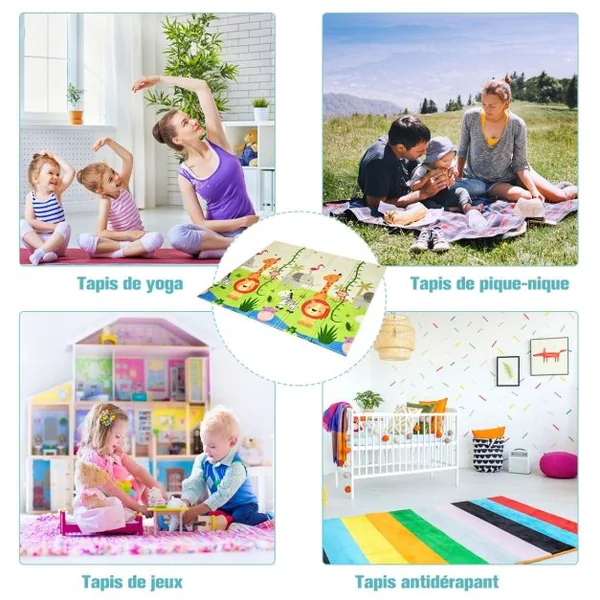 Tapis de Jeu pour Bébé Pliable 200 x 180 x 1,4CM avec l'Image Singe et Poney en Mousse XPE Non Toxique
