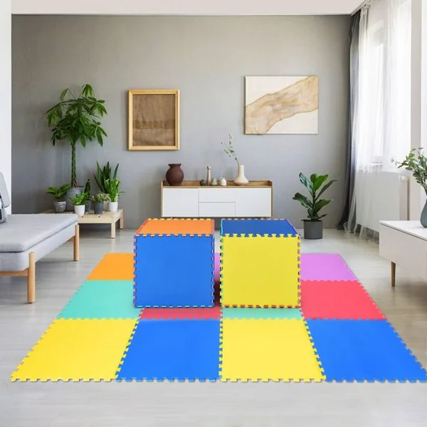 Tapis de Jeu Tapis Puzzle en Mousse EVA Résistante pour Enfants 12 Pièces Carrées Combinables 61x61x1cm Multicolore