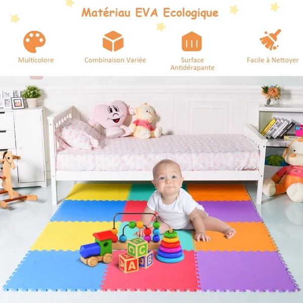 Tapis de Jeu Tapis Puzzle en Mousse EVA Résistante pour Enfants 12 Pièces Carrées Combinables 61x61x1cm Multicolore