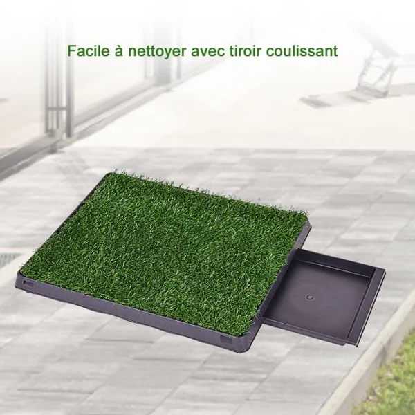 Tapis de Propreté D'intérieur pour Chien avec Tiroir Coulissant Effet Fausse Pelouse en Pp et Pe 51x63x6cm Vert