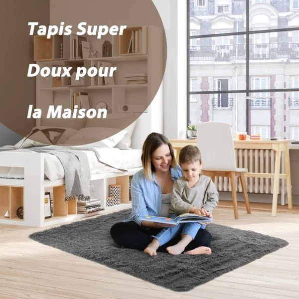 Tapis de Salon Shaggy 180 x 120 CM Peluche en Fibre de Polypropylène Souple Tapis Antidérapante Gris Foncé