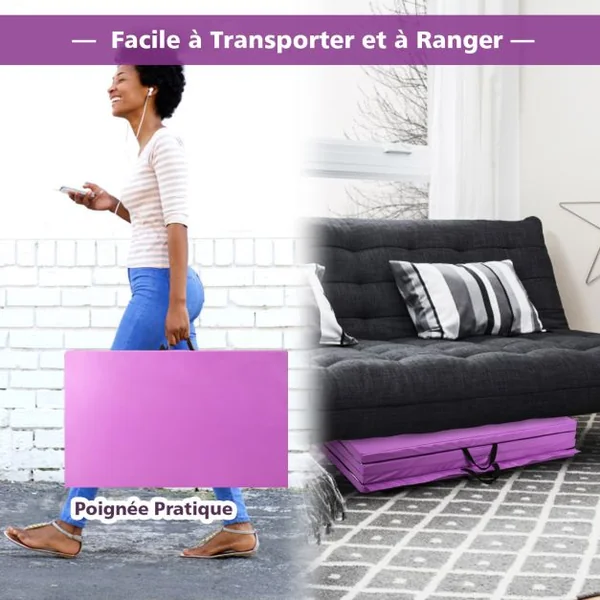 Tapis de Sol Pliable 240 x 116 x 5 CM Tapis de Fitness Tapis de Gymnastique avec Poignées de Transport et Fermetures Auto-agrippantes Violet