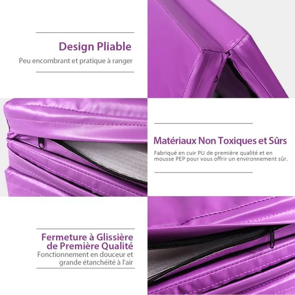 Tapis de Sol Pliable 240 x 116 x 5 CM Tapis de Fitness Tapis de Gymnastique avec Poignées de Transport et Fermetures Auto-agrippantes Violet