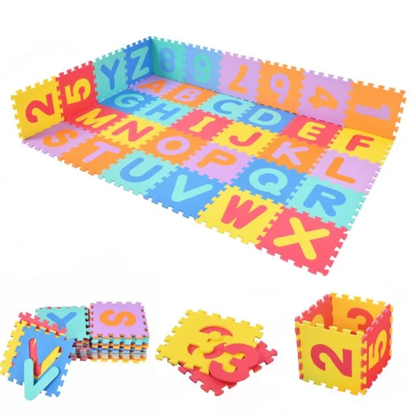Tapis de sol pour enfants 36 pcs en mousse EVA Tapis de jeu Tapis puzzle 10 chiffres 26 lettres, pièce de 30 x 30 x 1 cm