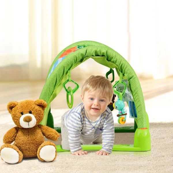 Tapis D'Éveil Multifonction Tapis de Jeu pour Enfants de 6 à 12 Mois Centre d'Activité avec 3 Jouets 112x52x45cm Vert